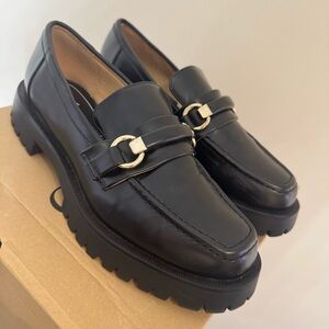 Zara Black Leather Gold Buckle Lug Sole Chunky Loafers